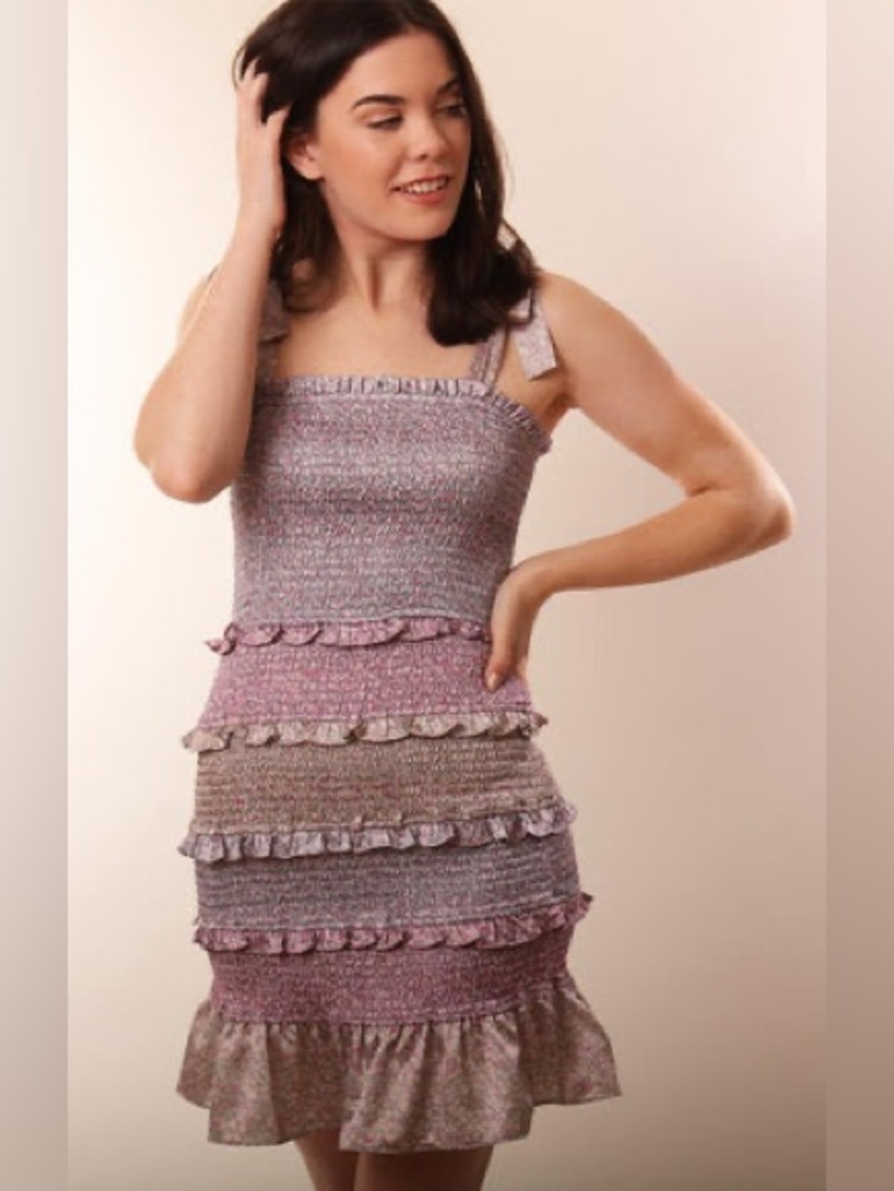 Storia Smocked Ruffle Mini Dress Purple Floral Bow Strap Coquette Size Medium